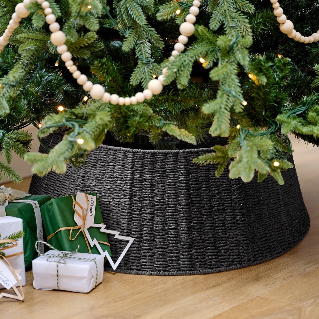 26 Inch Christmas Tree Collar, Christmas Tree Skirt Cover for Christmas Tree Decorations | Rattan (Black)