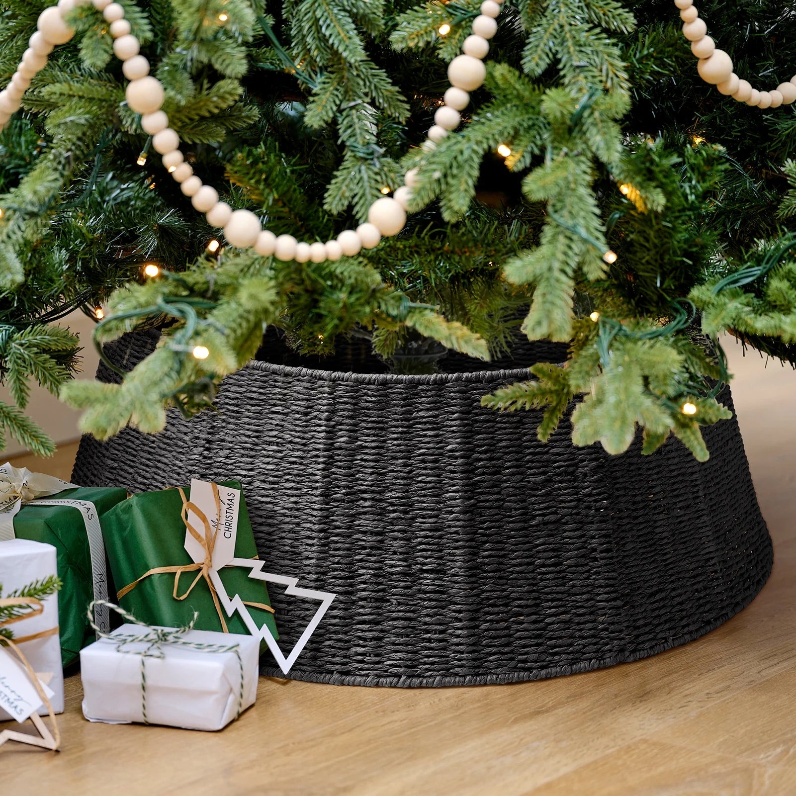 26 Inch Christmas Tree Collar, Christmas Tree Skirt Cover for Christmas Tree Decorations | Rattan (Black)