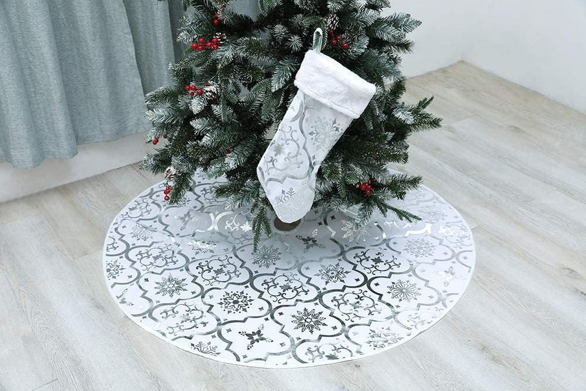 36 Inch Large Christmas Tree Skirt Xmas Soft Cover Mat Decor Snowflake Collar Farmhouse Tree Skirt for Holiday Ornaments Party Home Indoor Decorations (White, 36INCH)