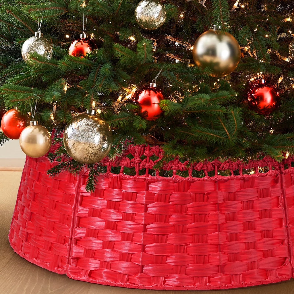 26 Inch Christmas Tree Collar, Christmas Tree Skirt Cover for Christmas Tree Decorations | Wooden | Red