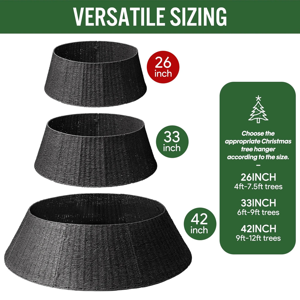 26 Inch Christmas Tree Collar, Christmas Tree Skirt Cover for Christmas Tree Decorations | Rattan (Black)