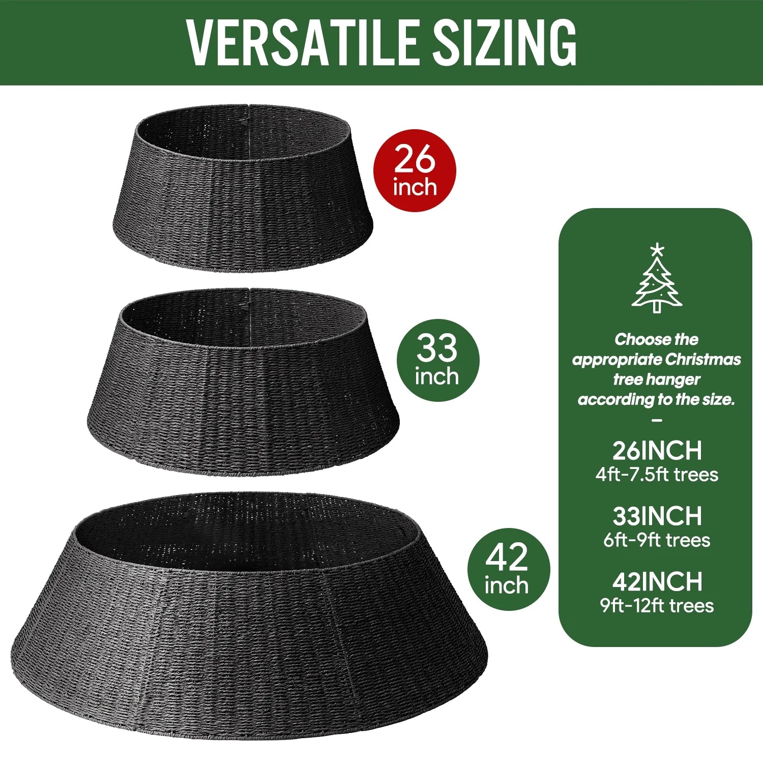 26 Inch Christmas Tree Collar, Christmas Tree Skirt Cover for Christmas Tree Decorations | Rattan (Black)