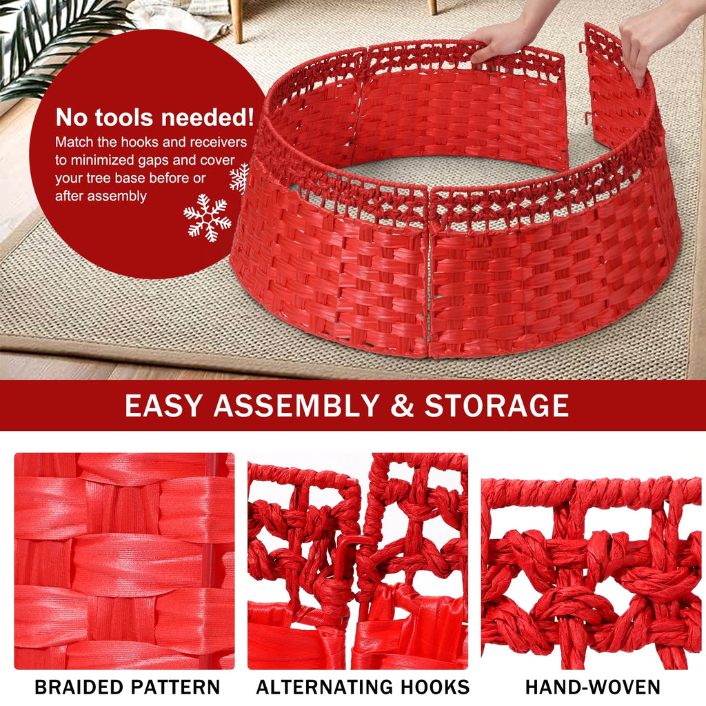 26 Inch Christmas Tree Collar, Christmas Tree Skirt Cover for Christmas Tree Decorations | Wooden | Red