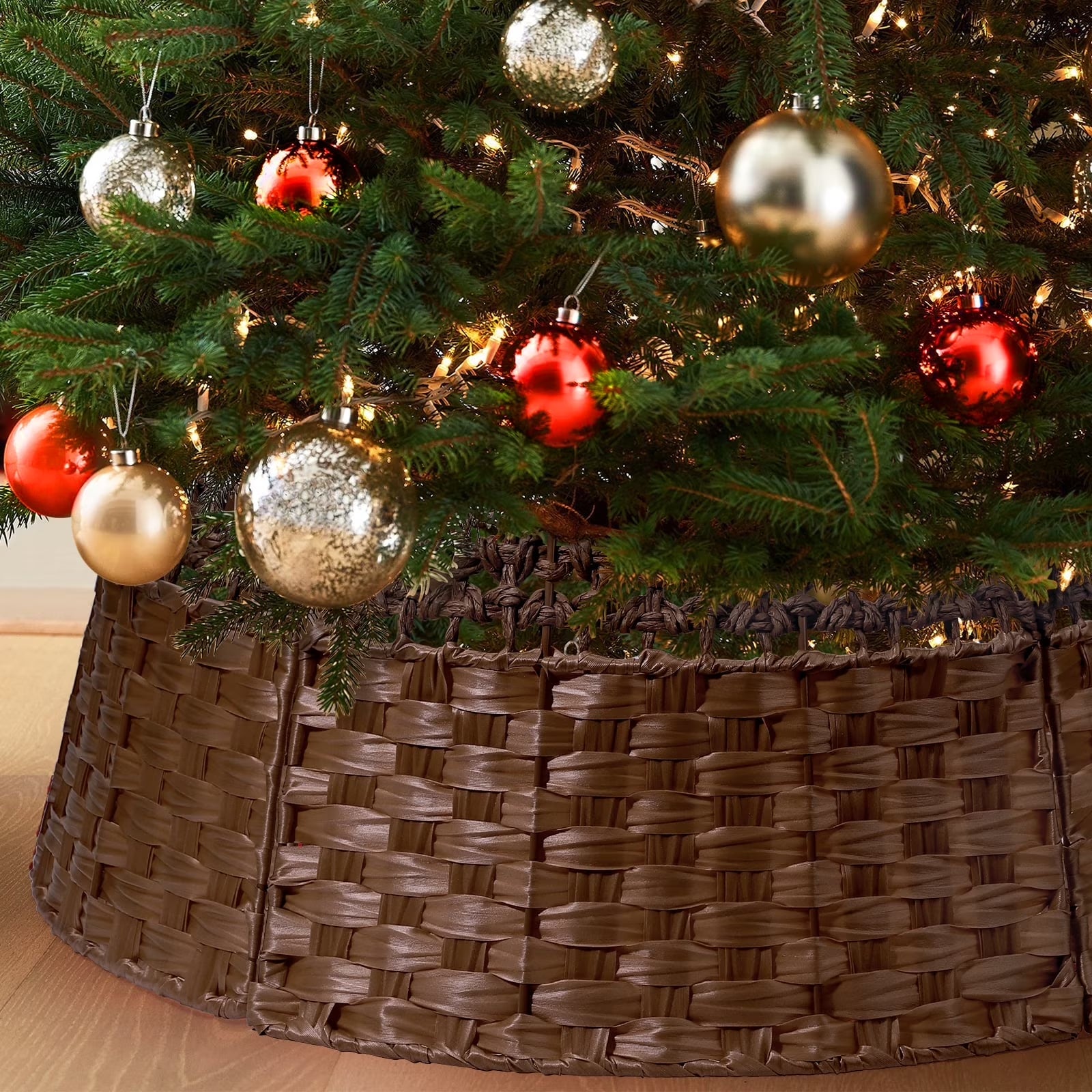 26In Christmas Tree Collar, Handmade Woven Tree Collar, Christmas Tree Skirt for Artificial Trees | Wooden | Brown