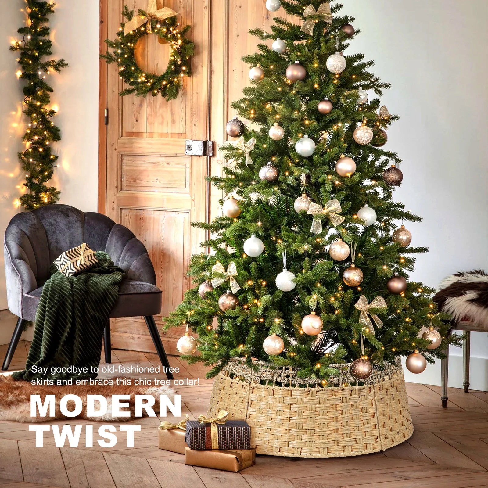 26 Inch Christmas Tree Collar, Christmas Tree Skirt Cover for Christmas Tree Decorations | Wooden | Natural