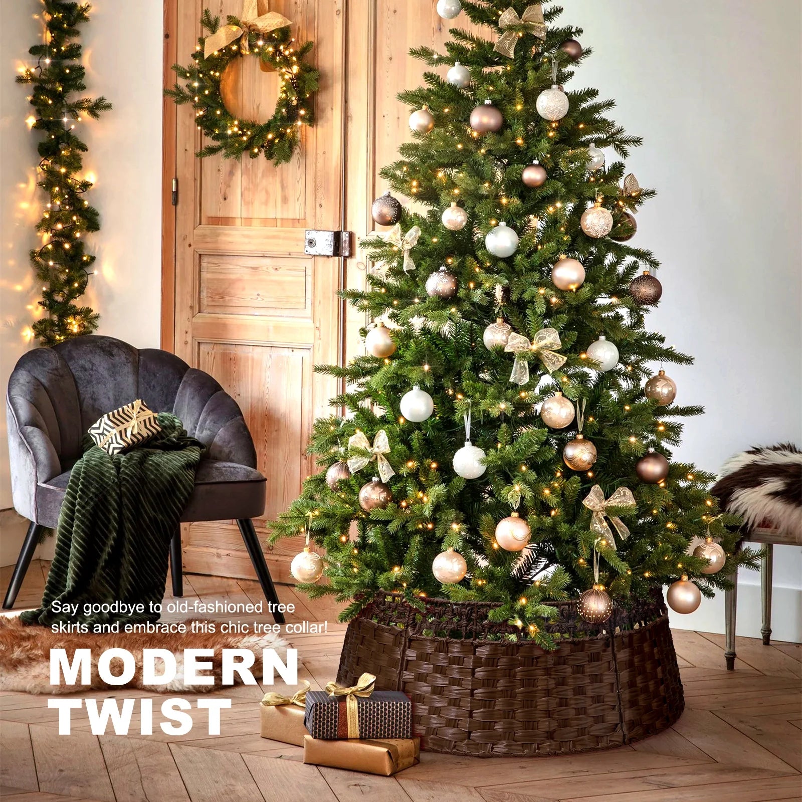 26In Christmas Tree Collar, Handmade Woven Tree Collar, Christmas Tree Skirt for Artificial Trees | Wooden | Brown