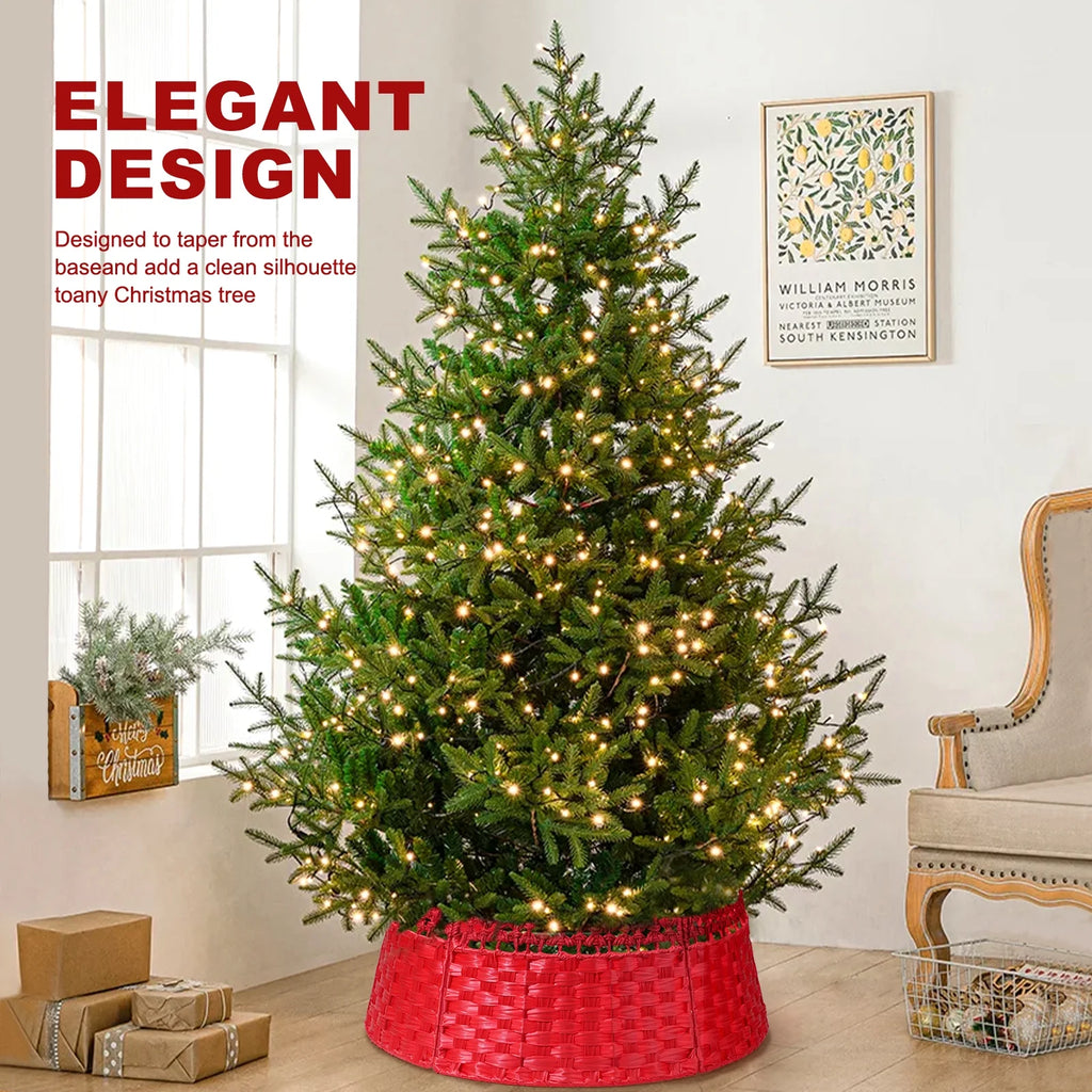 26 Inch Christmas Tree Collar, Christmas Tree Skirt Cover for Christmas Tree Decorations | Wooden | Red
