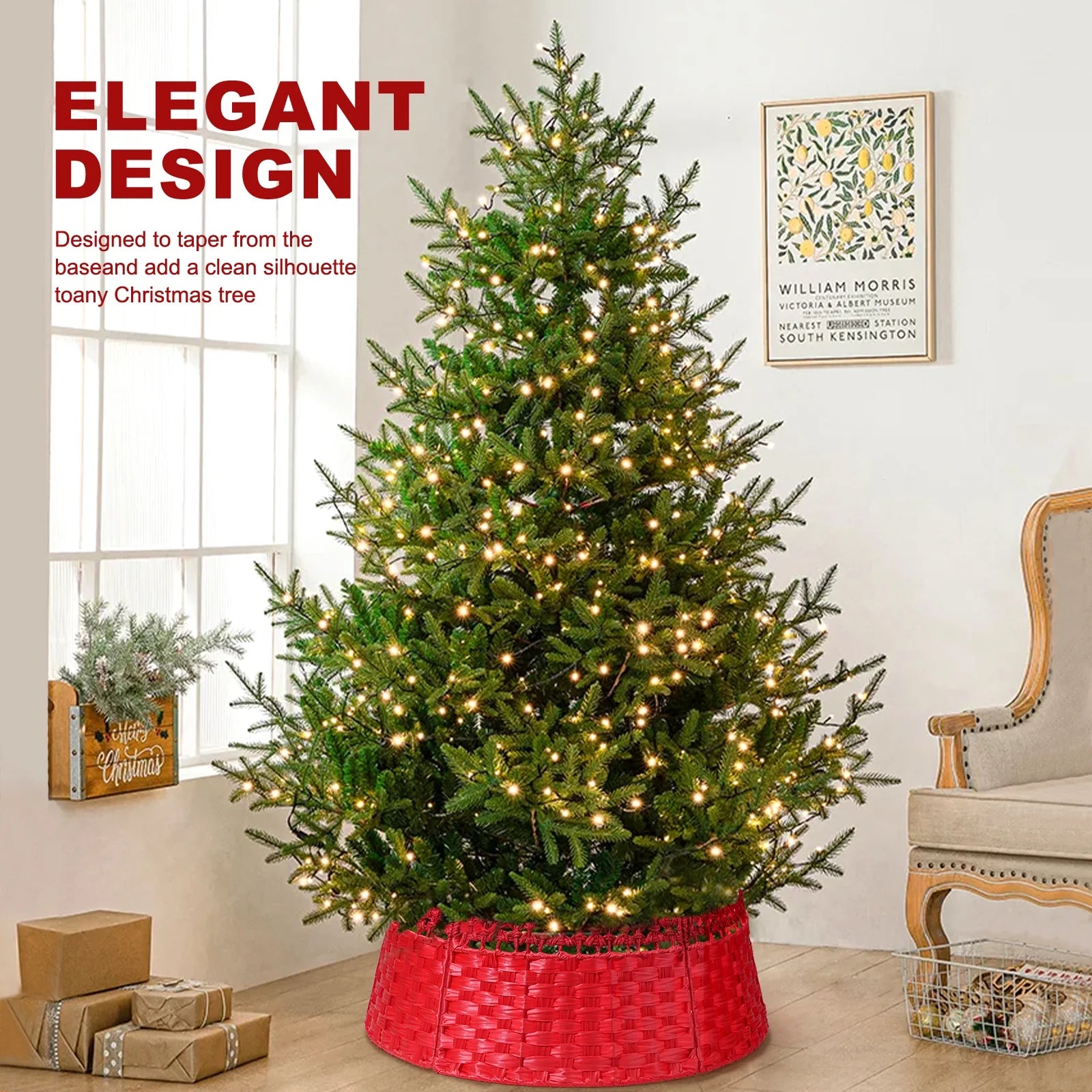 26 Inch Christmas Tree Collar, Christmas Tree Skirt Cover for Christmas Tree Decorations | Wooden | Red