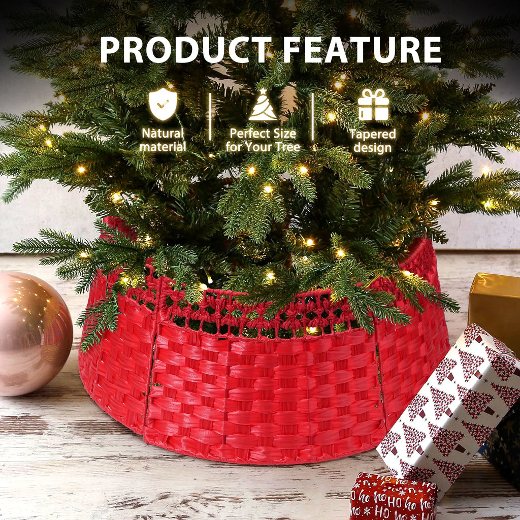 26 Inch Christmas Tree Collar, Christmas Tree Skirt Cover for Christmas Tree Decorations | Wooden | Red
