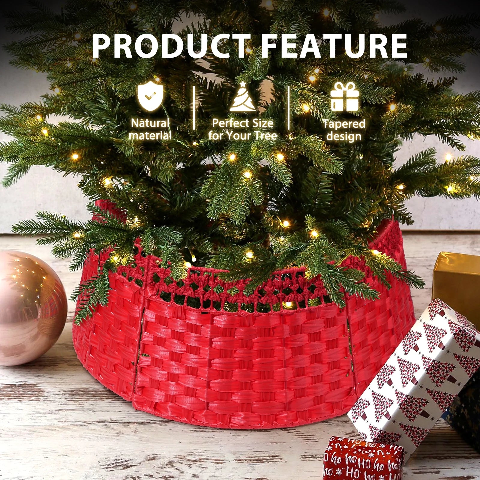 26 Inch Christmas Tree Collar, Christmas Tree Skirt Cover for Christmas Tree Decorations | Wooden | Red