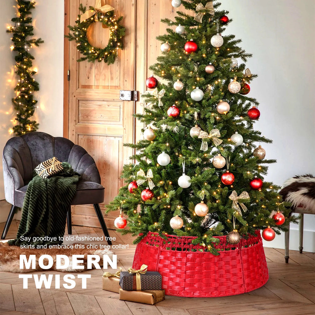 26 Inch Christmas Tree Collar, Christmas Tree Skirt Cover for Christmas Tree Decorations | Wooden | Red